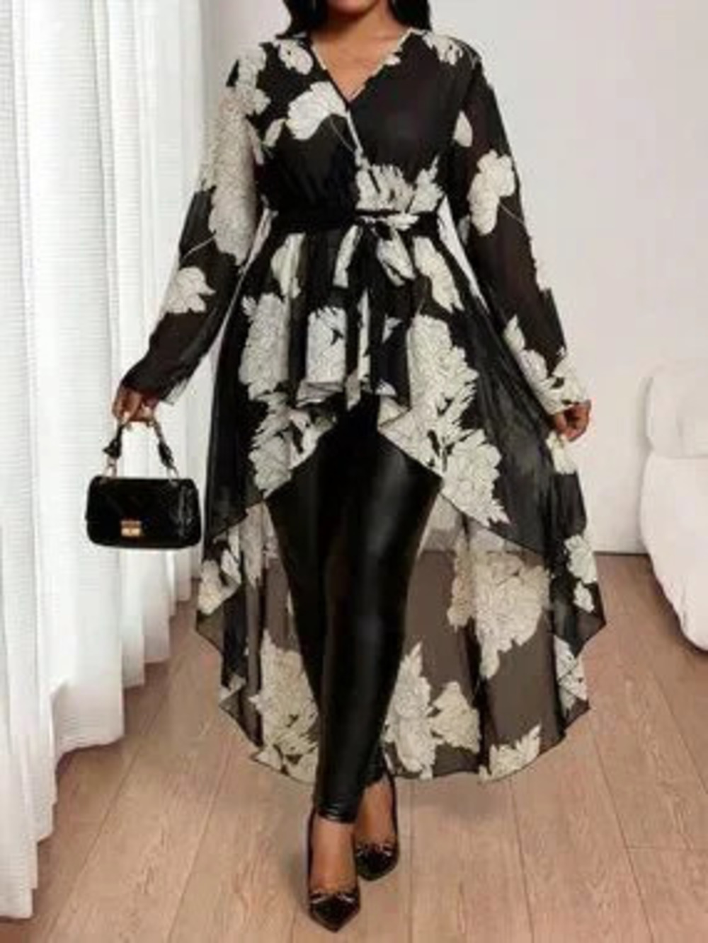 Black And White Casual Women's Plus Size Tie Front Short Back Long Shirt